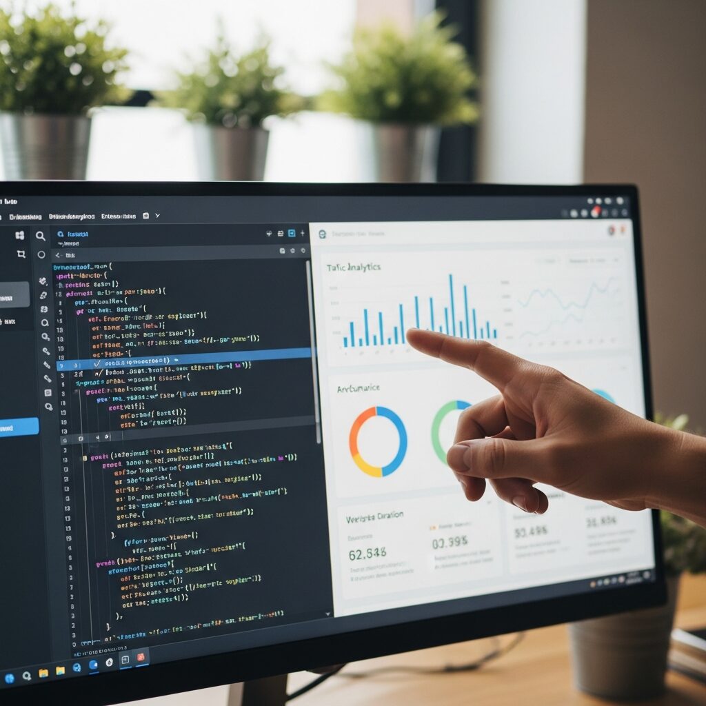 Développeur configurant le suivi des événements GA4 sur un écran de bureau