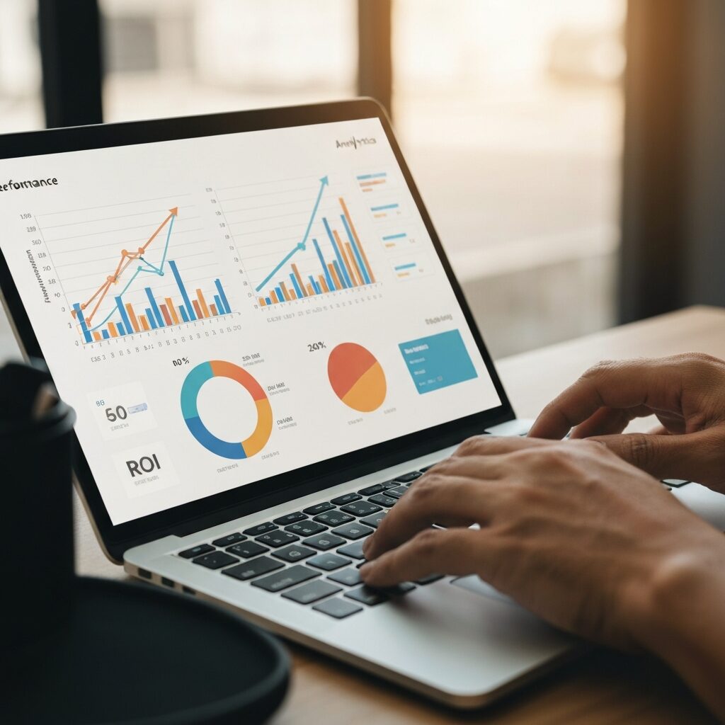 Analyse de performance Google Ads sur ecran avec graphiques de ROI