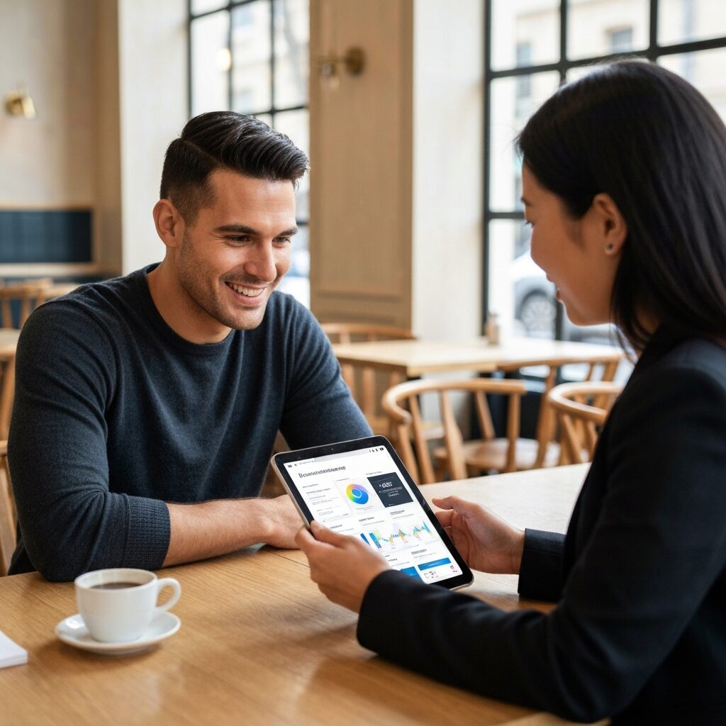 Reunion entre dirigeant PME et consultant marketing digital autour dune tablette