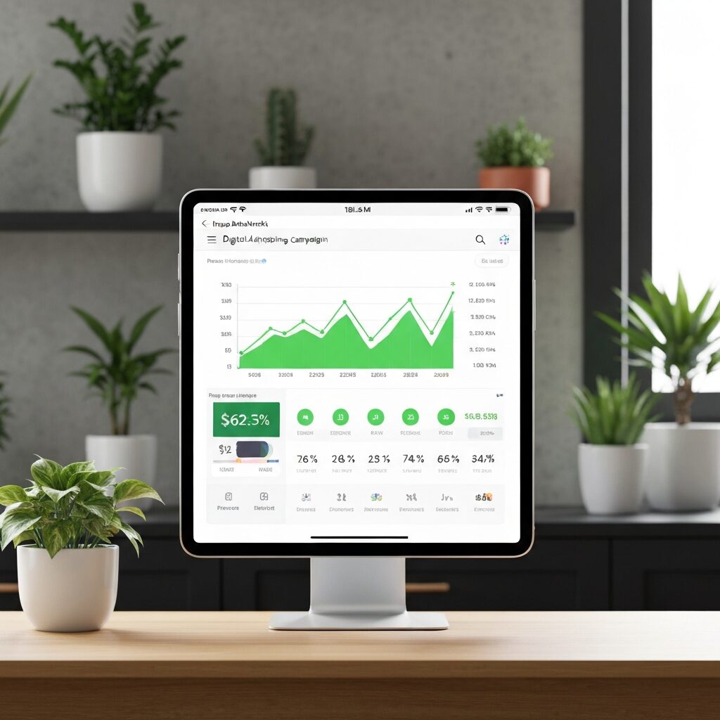 Tableau de bord de suivi de campagne publicitaire digitale avec indicateurs positifs