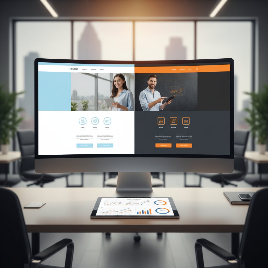 Moniteur affichant deux versions d'une landing page en test comparatif
