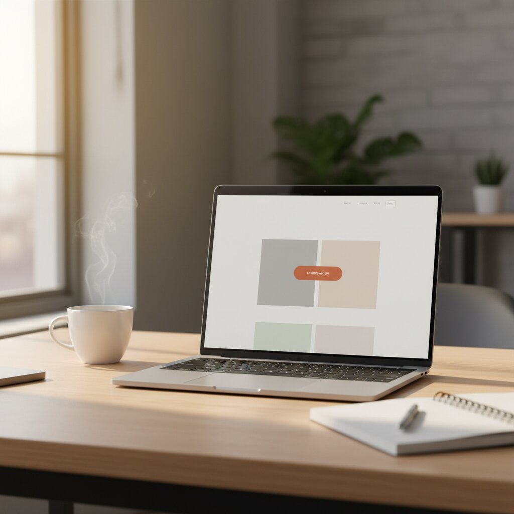 Écran de laptop affichant une landing page minimaliste avec bouton d'appel à l'action