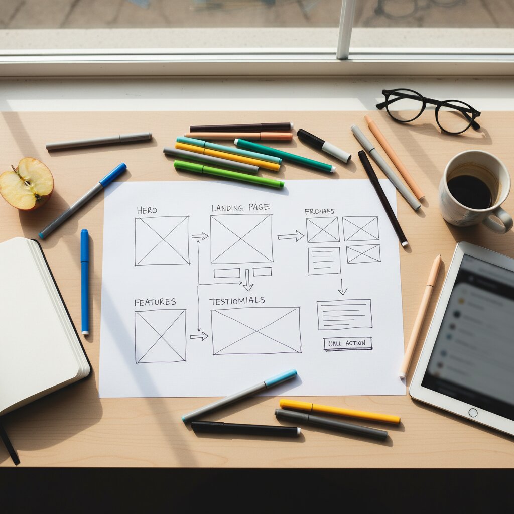 Croquis wireframe d'une landing page sur papier avec marqueurs de couleur