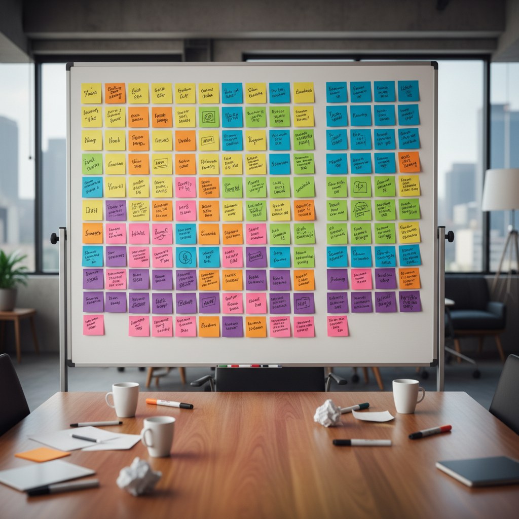 Checklist brief client web imprimée sur un bureau avec un stylo et un café