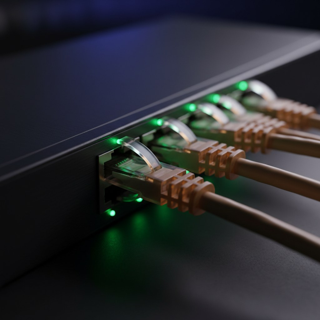 Câbles réseau connectés à un switch dans un datacenter