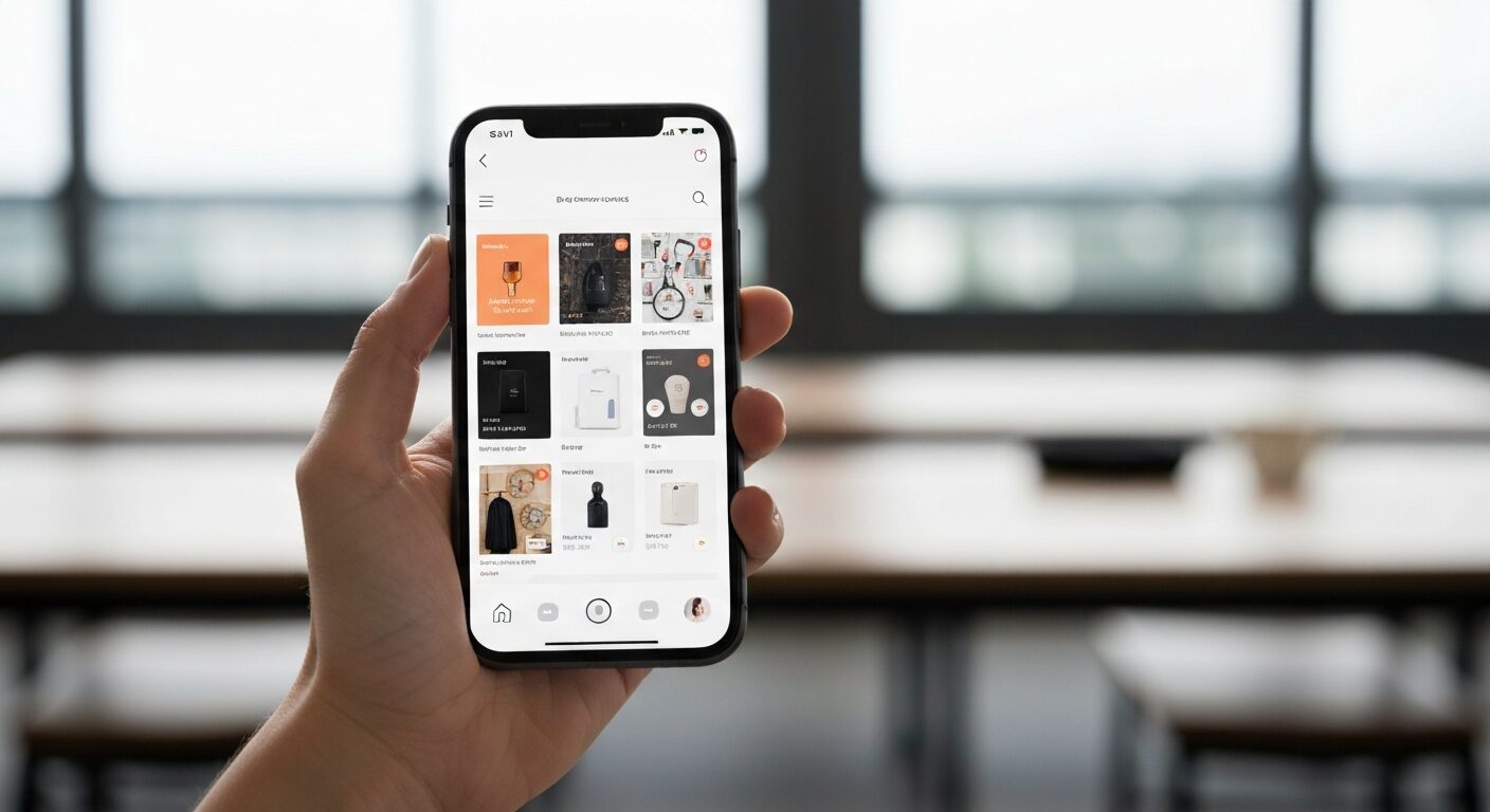 Main tenant un smartphone affichant une fiche produit e-commerce responsive