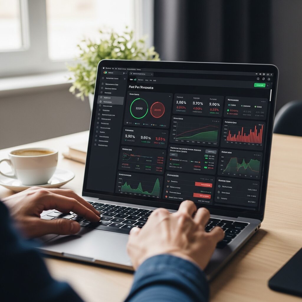 Écran affichant un tableau de bord d'analyse de performance web avec indicateurs