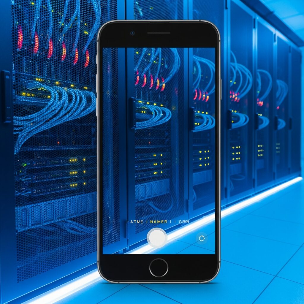 Infrastructure serveur dans un datacenter moderne avec éclairage bleu