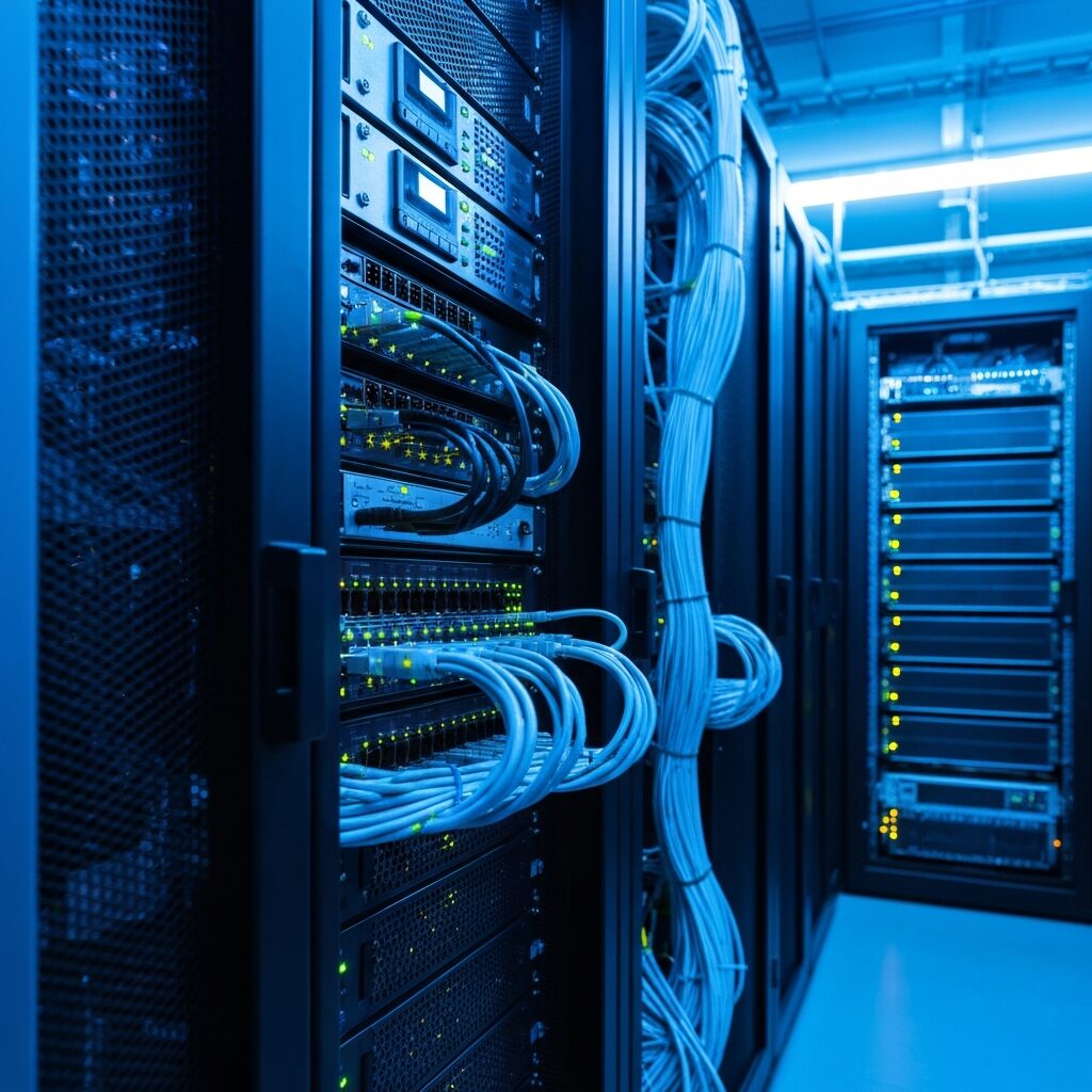 Salle de serveurs avec éclairage bleu hébergeant des sites WordPress