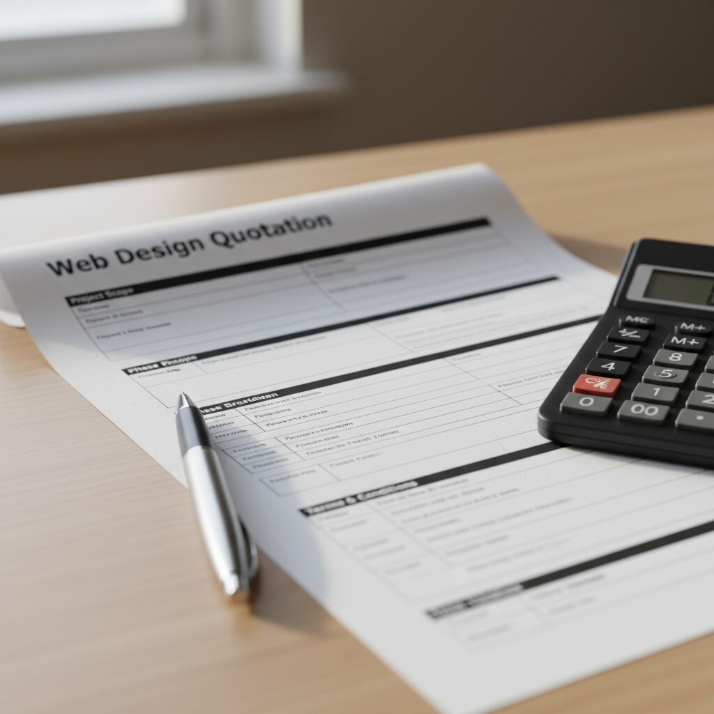 Un devis professionnel pour la creation de site web pose sur un bureau