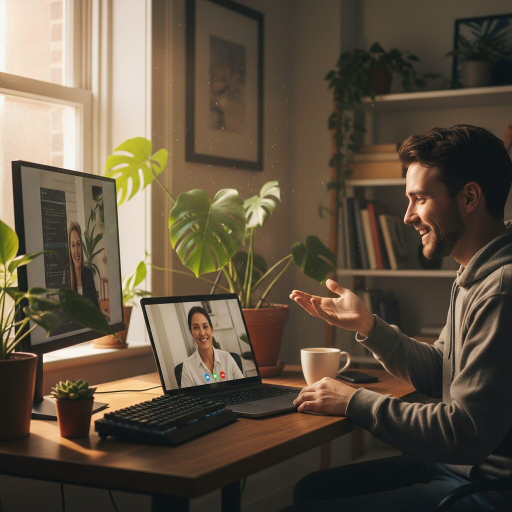 Reunion video entre un freelance web et son client pour discuter du cahier des charges