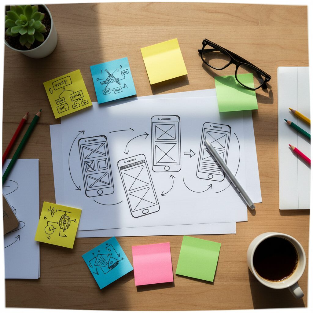 Phase de cadrage projet avec wireframes et post-it avant la redaction du devis