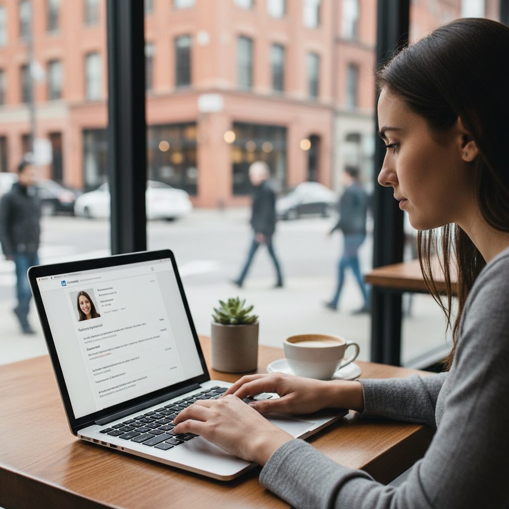 Prospection sur LinkedIn depuis un cafe pour trouver de nouveaux clients