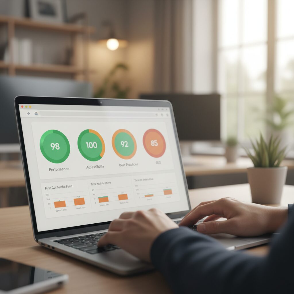 Résultats d'audit Lighthouse avec métriques de performance colorées