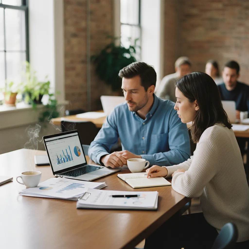 Briefing entre un client et un freelancer marketing digital en espace de coworking