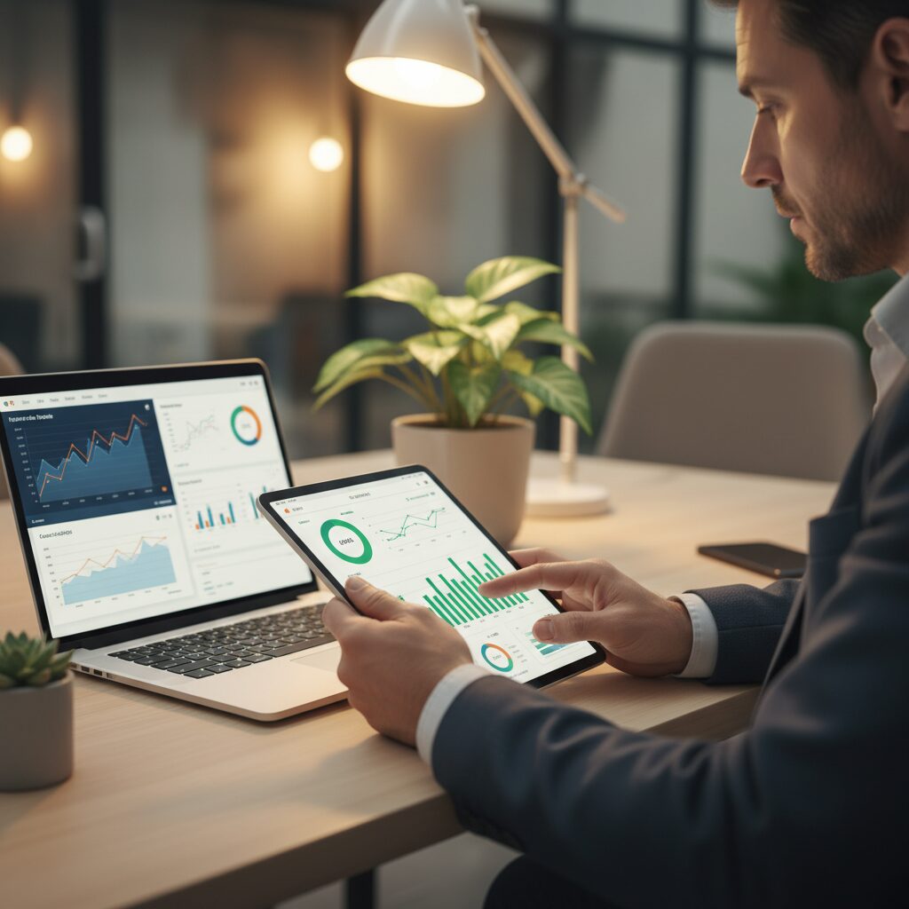 Analyse des données de conversion GA4 sur tablette avec notes de travail