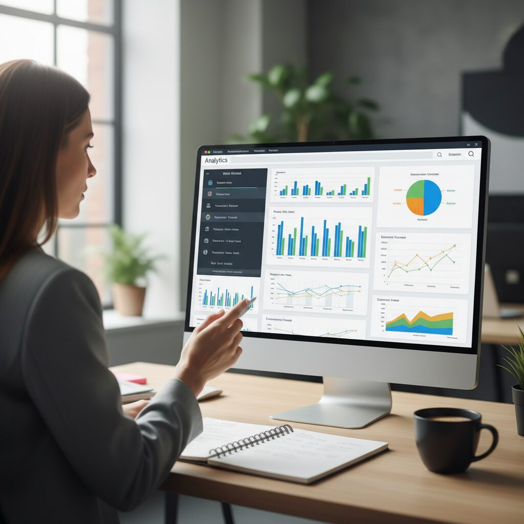 Professionnel analysant les rapports de trafic Google Analytics 4 sur son ordinateur portable