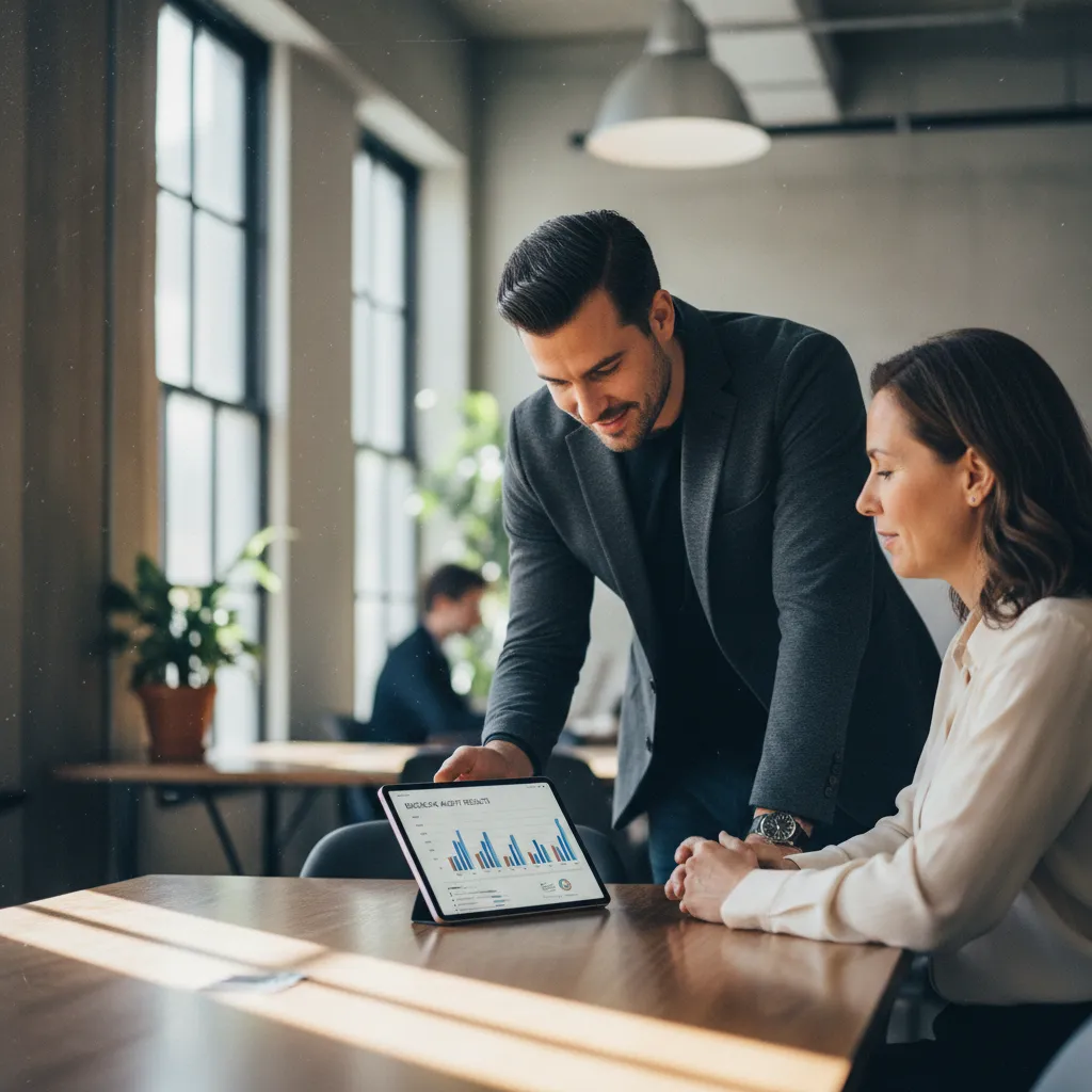 Présentation d'un rapport d'audit de backlinks à un client en réunion