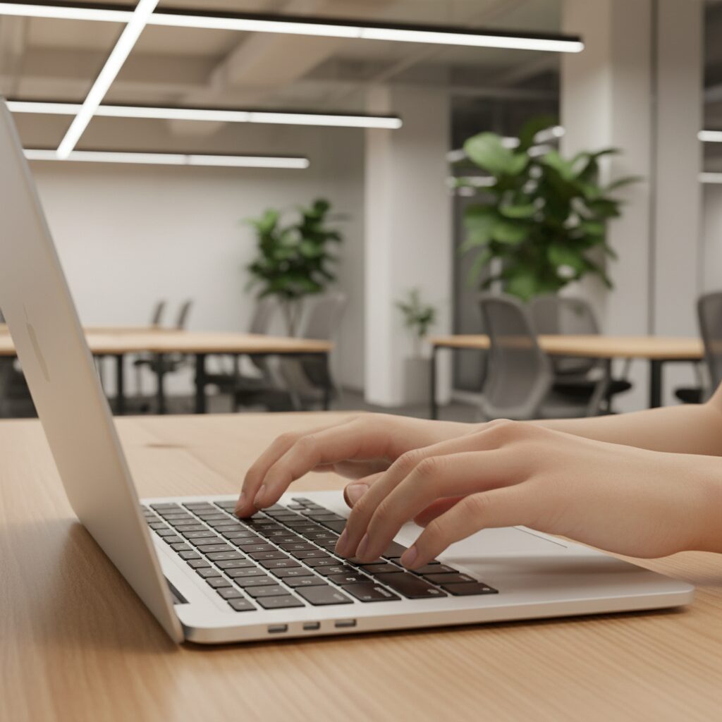 Développeur web freelance travaillant sur un MacBook Pro dans un espace de coworking