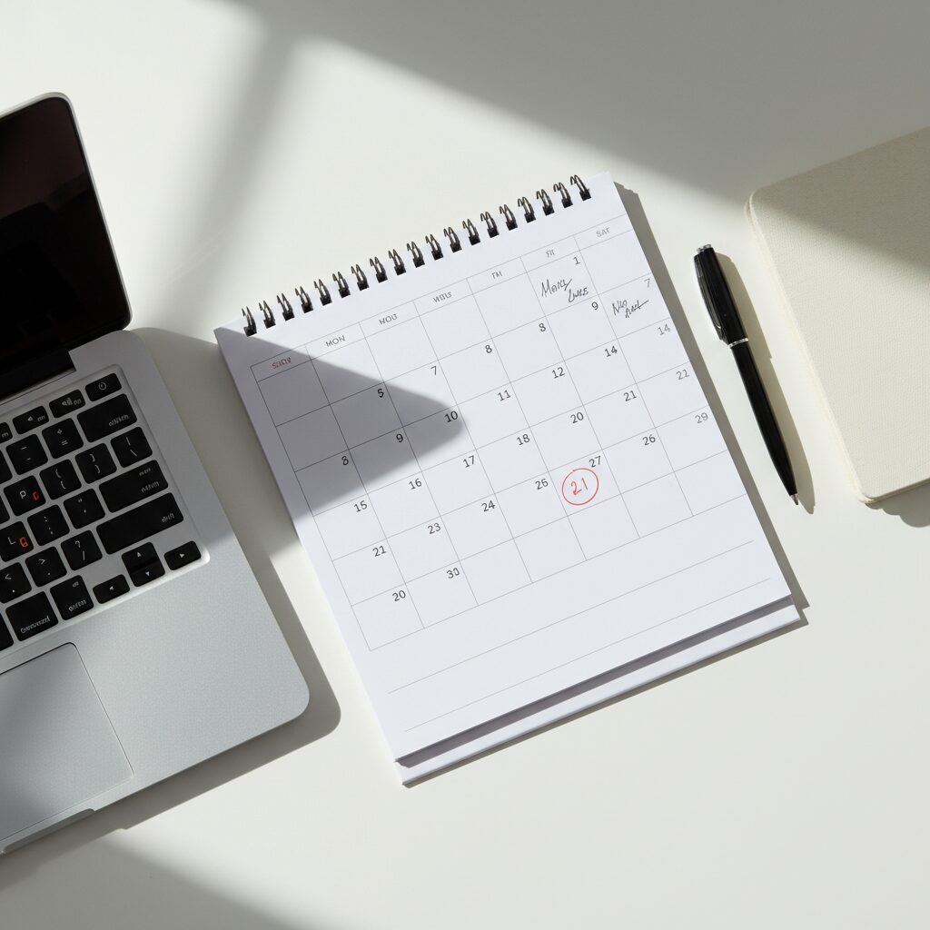 Calendrier avec dates limites encerclées pour la planification du passage de micro-entreprise à société