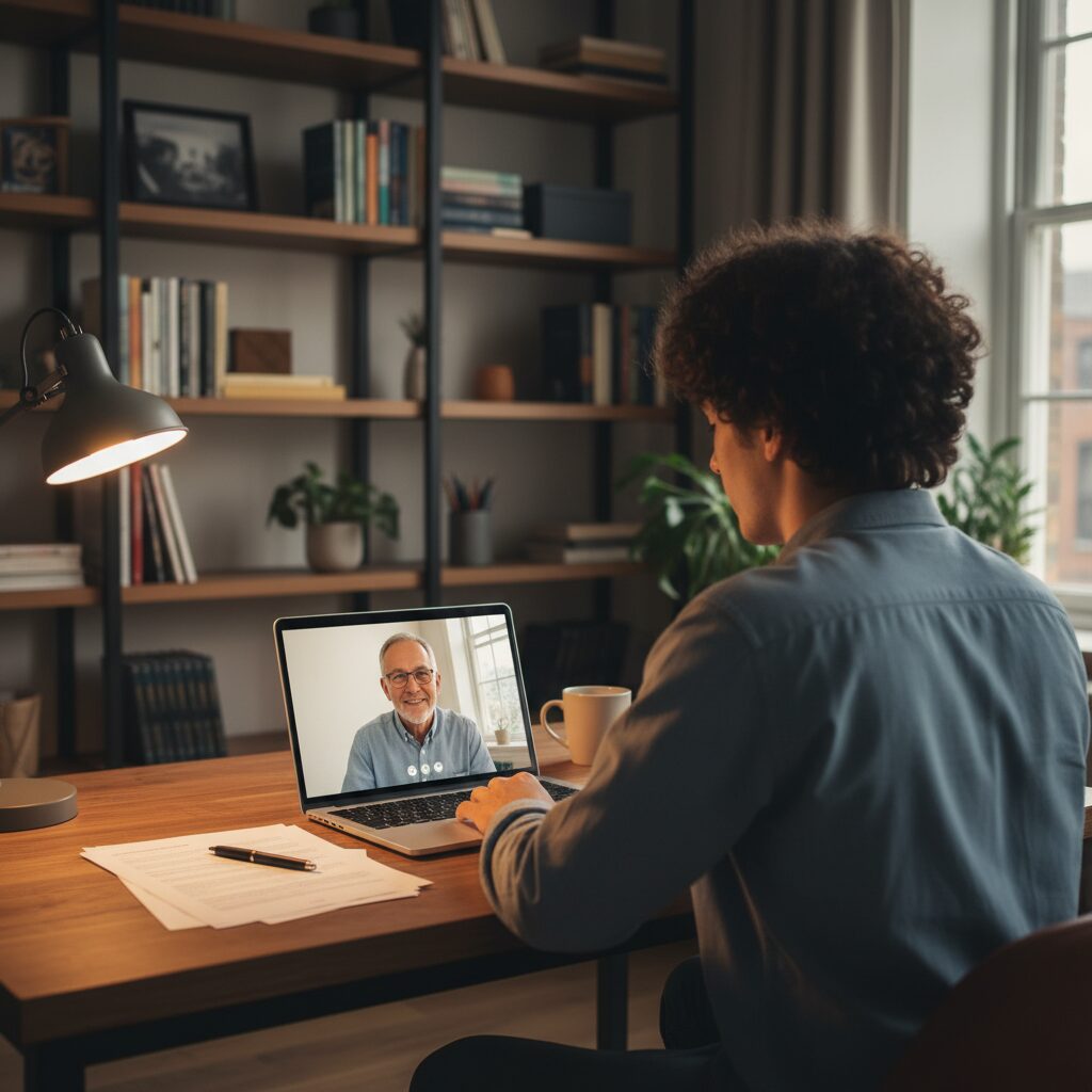 Freelance web en visioconférence avec son expert-comptable pour choisir entre EURL et SASU