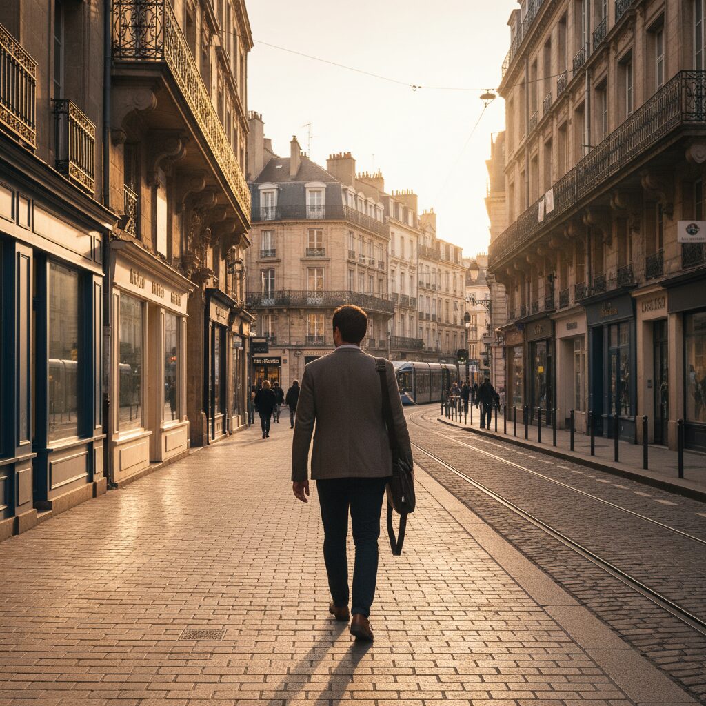 Freelance web marchant dans une rue de Saint-Étienne avec sa sacoche d'ordinateur