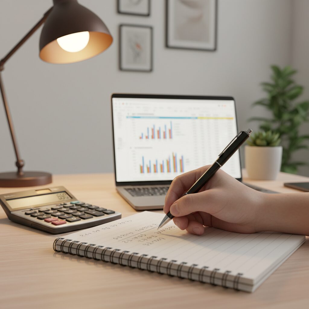 Calcul manuscrit de TJM freelance à côté d'un tableur financier sur ordinateur portable