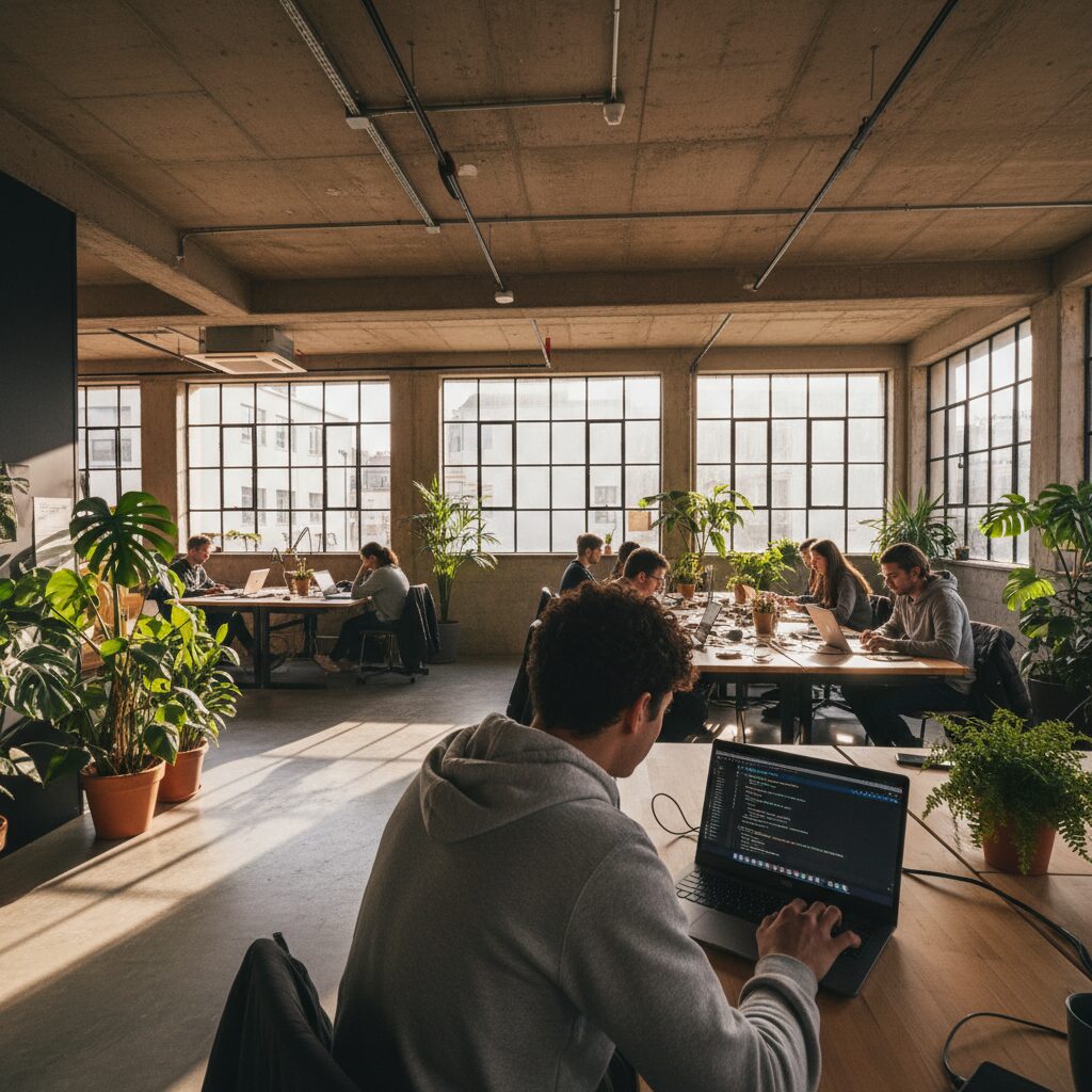 Espace de coworking moderne en France avec des développeurs freelances travaillant sur leurs projets