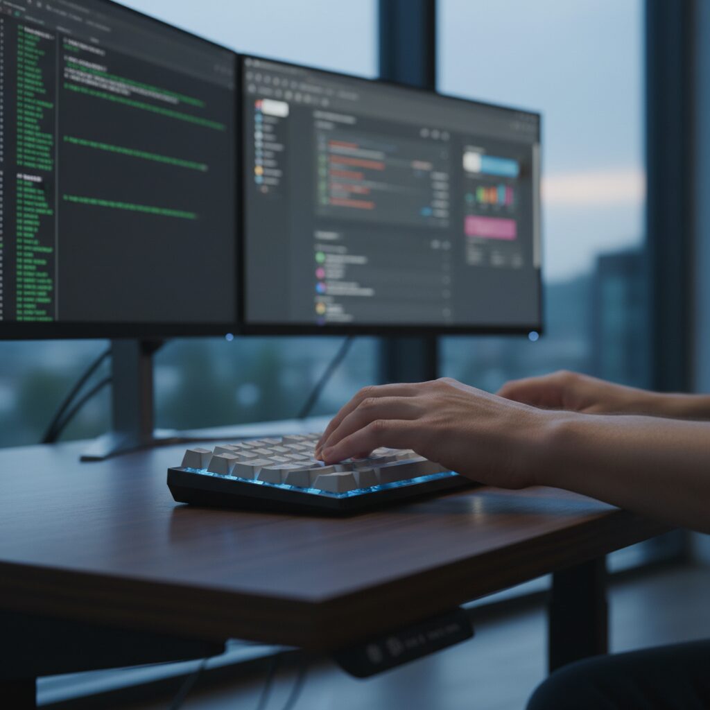 Développeur web senior codant sur un clavier mécanique avec configuration double écran