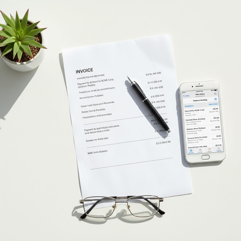 Facture freelance imprimée à côté d'un smartphone affichant une application bancaire