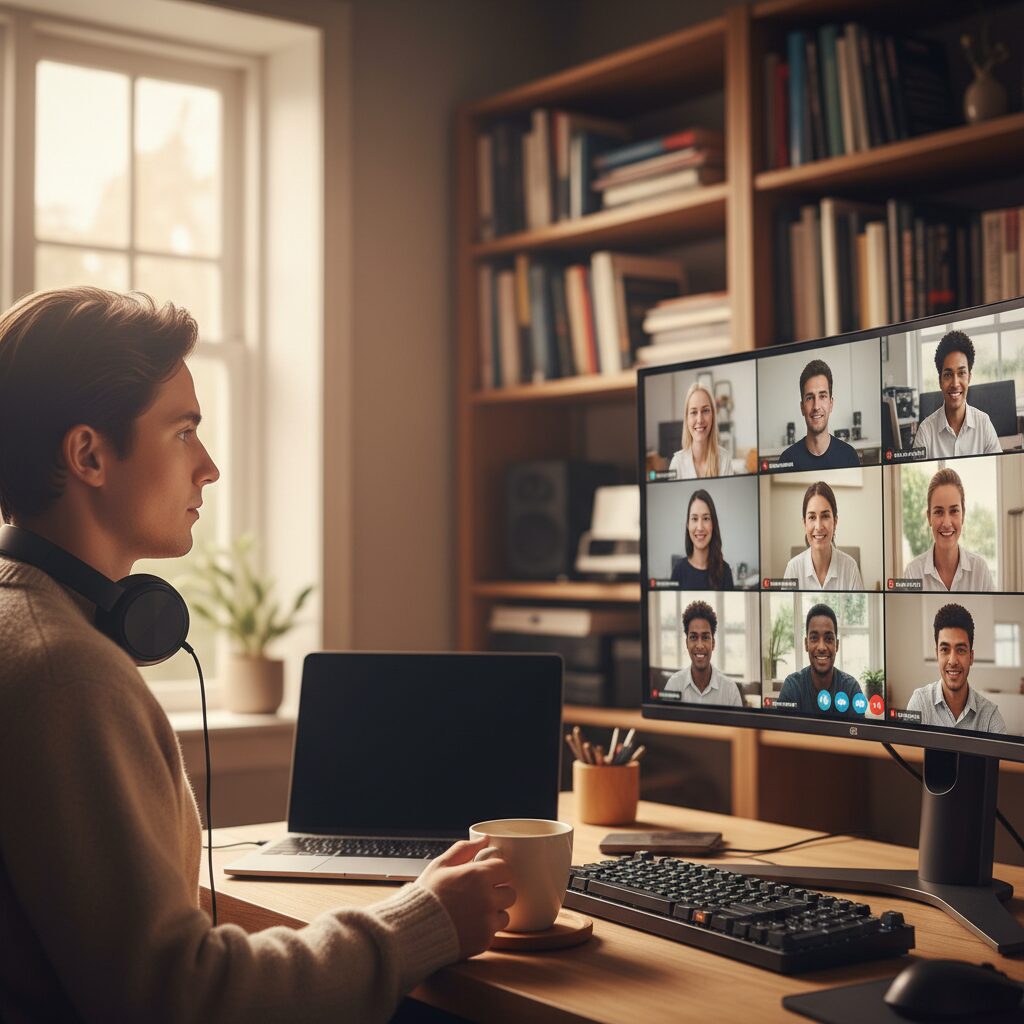 Développeur freelance en visioconférence avec un client depuis son bureau à domicile