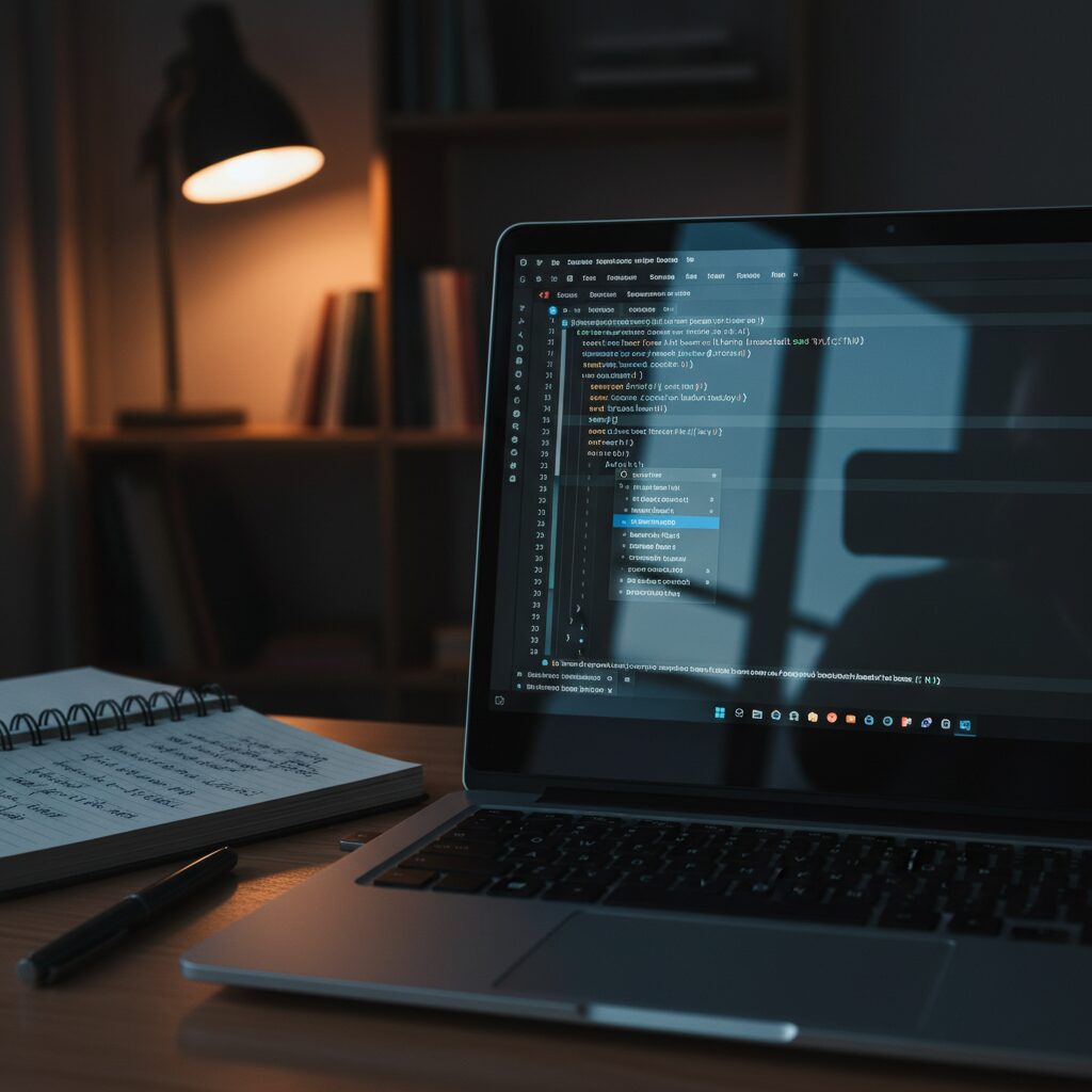 Écran d'ordinateur affichant un assistant IA de développement dans un éditeur de code sombre