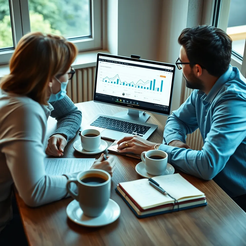 Réunion stratégique entre un client et son consultant en marketing digital