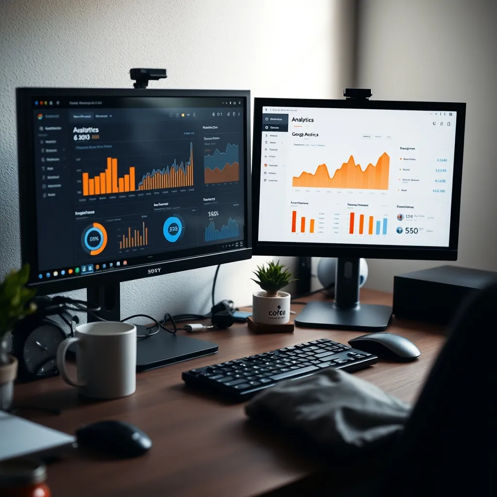 Poste de travail d'un expert digital avec tableaux de bord analytiques