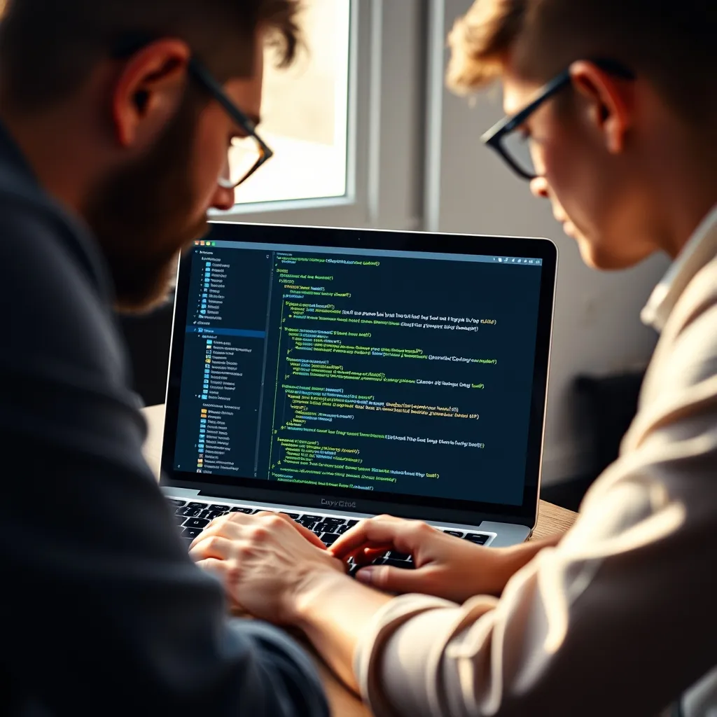 Un tuteur accompagne son alternant lors d'une revue de code en agence web