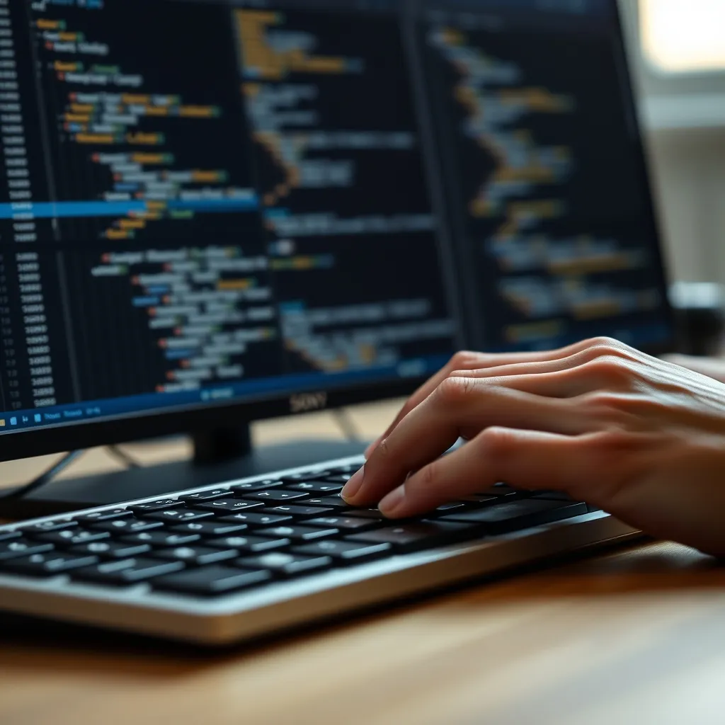 Mains de développeur tapant du code PHP sur un clavier mécanique