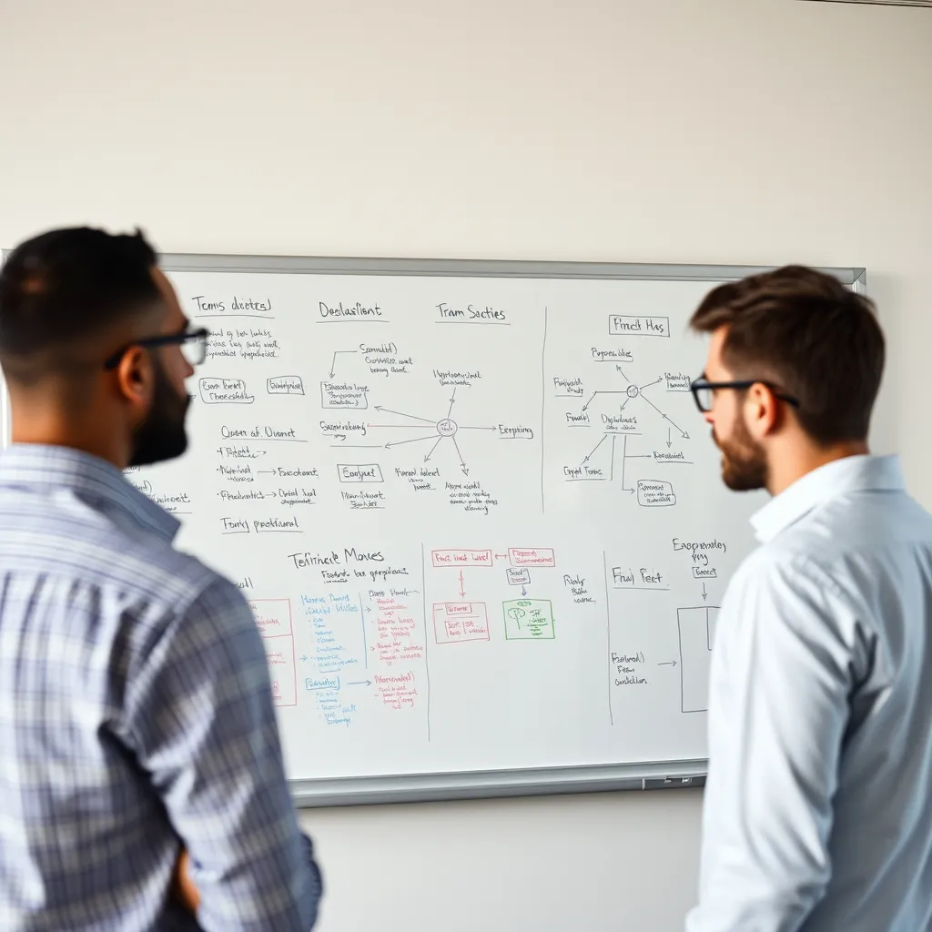 Tableau blanc avec des diagrammes de flux de décision dans un bureau moderne
