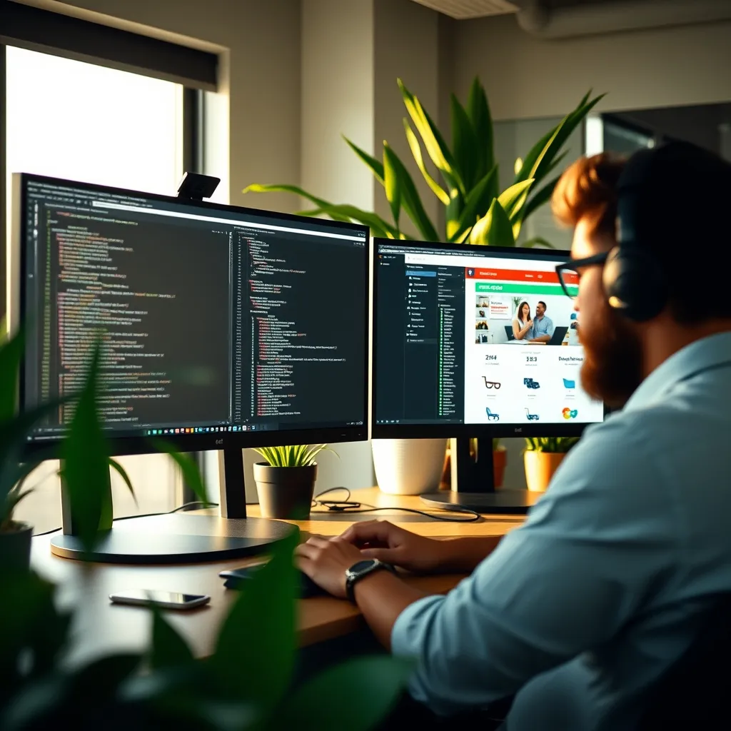 Développeur configurant un CMS ecommerce sur un double écran
